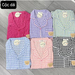 Bộ Pyjama Kẻ Xốp Loại 1 Caro Tay Cộc Quần Dài Siêu Hot