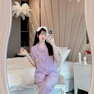 Bộ Pyjama Kẻ Xốp Loại 1 Caro Tay Cộc Quần Dài Siêu Hot