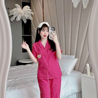Bộ Pyjama Kẻ Xốp Loại 1 Caro Tay Cộc Quần Dài Siêu Hot