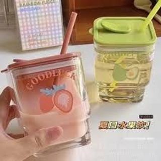 Ly Thủy Tinh Uống Nước Có Nắp Kèm Ống Hút Hình Vuông Tiện Lợi
