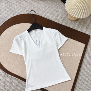 Áo cotton cổ tim cộc tay dáng basic, áo thun 2 màu đen và trắng