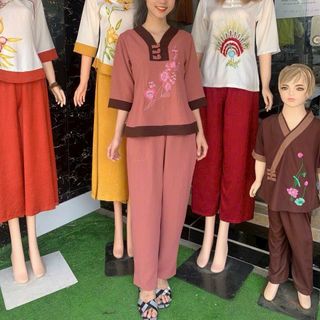 Đồ lam trung niên- Cổ Y vải đũi co dãn