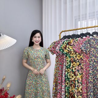 Đầm hoa nhí trung niên dáng dài chất lụa ý TMF sang trọng, váy cổ tròn váy mặc dài qua gối - VD026