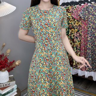 Đầm hoa nhí trung niên dáng dài chất lụa ý TMF sang trọng, váy cổ tròn váy mặc dài qua gối - VD026