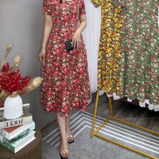 Đầm hoa nhí lụa Ý TMF phù hợp phụ nữ trung niên - váy cổ vuông có túi sâu váy mặc dài qua gối - VD030
