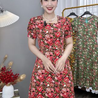 Đầm hoa nhí lụa Ý TMF phù hợp phụ nữ trung niên - váy cổ vuông có túi sâu váy mặc dài qua gối - VD030