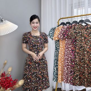 Đầm hoa nhí trung niên dáng dài chất lụa ý TMF sang trọng, váy cổ vuông váy mặc dài qua gối - VD024