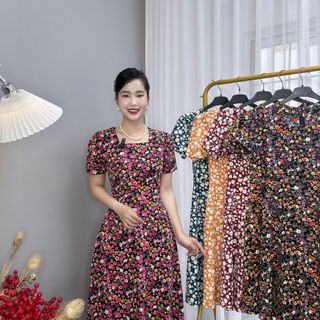 Đầm hoa nhí trung niên dáng dài chất lụa ý TMF sang trọng, váy cổ vuông váy mặc dài qua gối - VD024