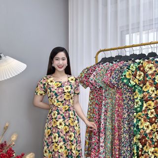 Đầm hoa nhí trung niên dáng dài chất lụa ý TMF sang trọng, váy cổ tròn váy mặc dài qua gối - VD025