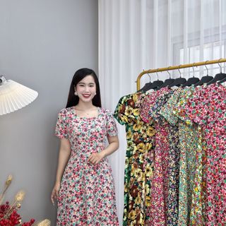 Đầm hoa nhí trung niên dáng dài chất lụa ý TMF sang trọng, váy cổ tròn váy mặc dài qua gối - VD027
