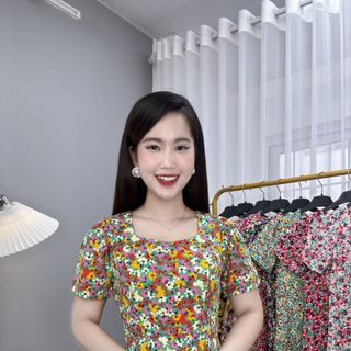 Đầm hoa nhí trung niên dáng dài chất lụa ý TMF sang trọng, váy cổ tròn váy mặc dài qua gối - VD027