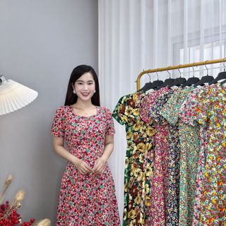 Đầm hoa nhí trung niên dáng dài chất lụa ý TMF sang trọng, váy cổ tròn váy mặc dài qua gối - VD027