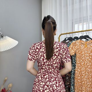 Đầm hoa nhí trung niên dáng dài chất lụa ý TMF sang trọng, váy cổ tròn váy mặc dài qua gối - VD023