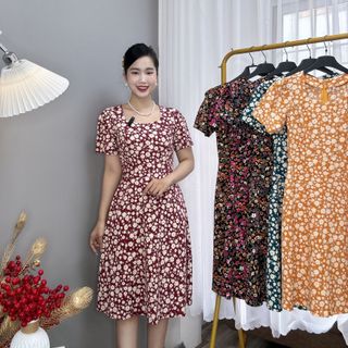 Đầm hoa nhí trung niên dáng dài chất lụa ý TMF sang trọng, váy cổ tròn váy mặc dài qua gối - VD023