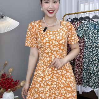 Đầm hoa nhí trung niên dáng dài chất lụa ý TMF sang trọng, váy cổ tròn váy mặc dài qua gối - VD023