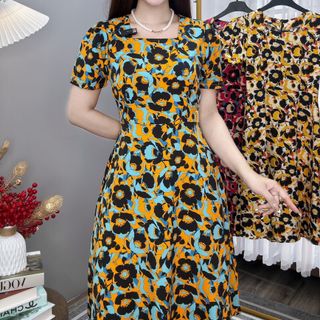 Đầm hoa nhí trung niên dáng dài chất lụa ý TMF sang trọng, váy cổ tròn váy mặc dài qua gối - VD029