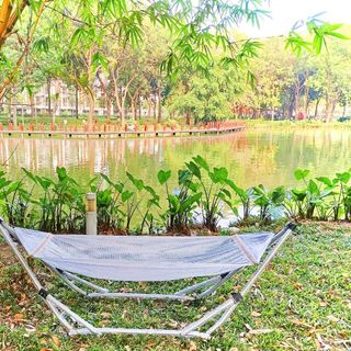 Bộ võng xếp khung tròn nhập hàn quốc màu ghi xám kèm mặt lưới võng cao cấp cỡ lớn.