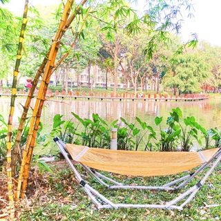 Bộ võng xếp khung tròn nhập hàn quốc màu ghi xám kèm mặt lưới võng cao cấp cỡ lớn.