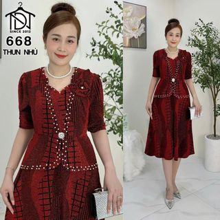 Đầm midi trung niên dự tiệc sang trọng vải kim tuyến nhũ kim sa tặng mẹ co giãn tốt bigsize 75kg M668