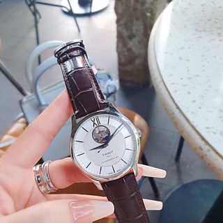 ĐỒNG HỒ NAM CƠ SIÊU CẤP TISỌT DÂY DA KÍNH SAPHIRE LỘ MÁY MẶT TRẮNG VIỀN BẠC 2