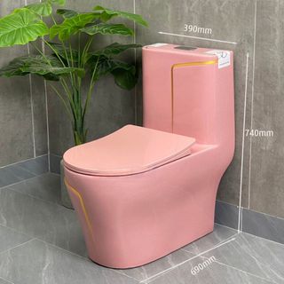 Bồn cầu 1 khối màu hồng Pastel viền vàng mã 0714VC xả mạnh nắp đóng êm