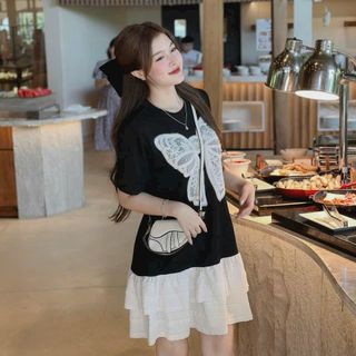 ￼Váy Cotton 4 Chiều Đính Nơ Ngọc, Phối Gấu Ren Xốp, Váy Đầm Thiết Kế Sang Trọng giá sỉ