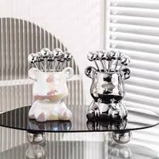 Set 6 dĩa ăn hoa quả inox kèm ống đựng hình gấu cao cấp@