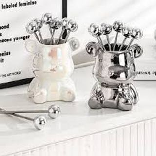 Set 6 dĩa ăn hoa quả inox kèm ống đựng hình gấu cao cấp@