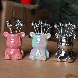 Set 6 dĩa ăn hoa quả inox kèm ống đựng hình gấu cao cấp@