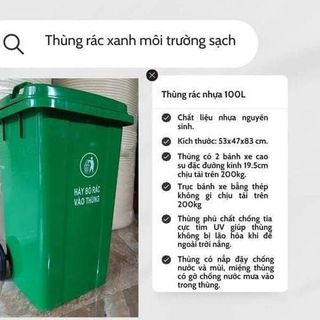 THÙNG RÁC XANH MÔI TRƯỜNG NHỰA HDPE DUNG TÍCH 100L CÓ BÁNH XE KÍCH THƯỚC 39x33x48CM.