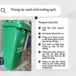 THÙNG RÁC XANH MÔI TRƯỜNG NHỰA HDPE DUNG TÍCH 120l CÓ BÁNH XE KÍCH THƯỚC 39x33x48CM. giá sỉ