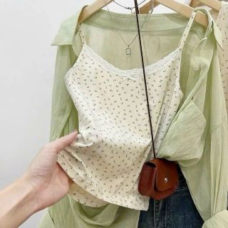 Áo thun 2 dây in hoạ tiết phối ren
