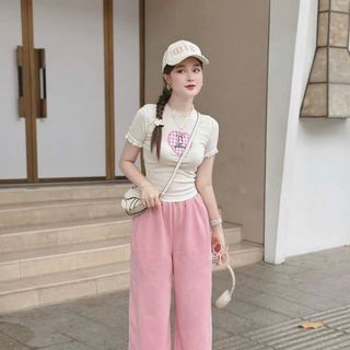 Set đồ xinh áo thun viền ren thêu hình trái tim phối quần hồng kaki ống rộng thời trang dạo phố dành cho nữ