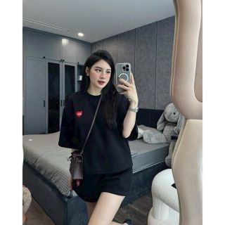 Set Bộ Đồ Nữ In Hình Trái Tim Tay Ngắn Mặc Hằng Ngày Chất Liệu Cotton 4 Chiều Thoáng Mát
