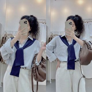 Áo sơ mi kèm khăn siêu hot ảnh thật ạ🖤 up lên mẫu nào ce cũng thíttt,  Năm nay mã nào kèm khăn
