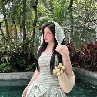 Váy Kẻ Quây Chun Nhúm Chân Bí Nơ Kèm Khăn Turban 2 Màu Siêu Xinh (nơ tháo rời) Chất liệu: thô Hàn 2 màu: xanh, hồng cam Freesize CÓ KÈM QUẦN RỜI, Nơ rời