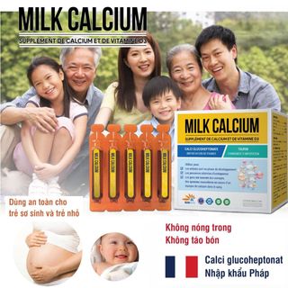 Milk Calcium bổ sung Vitamin D3 Canxi hữu cơ Calci glucoheptonat nhập khẩu Pháp hỗ trợ xương răng chắc khỏe hộp 20 ống