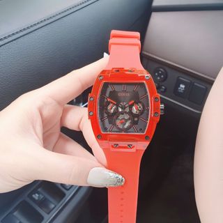 ĐỒNG HỒ NAM CAO CẤP GUE S MẶT CHỮ NHẬT CHONOGRAP DÂY CAO SU MÀU ĐỎ