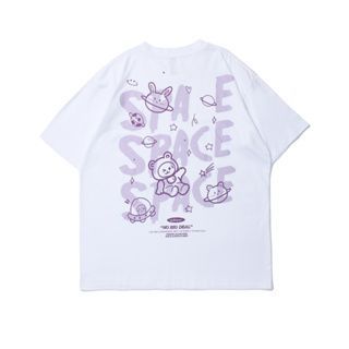 áo thun nữ form rộng Unisex Form Rộng Tay Lỡ Cổ Tròn Phối Họa Tiết Hoạt Hình In