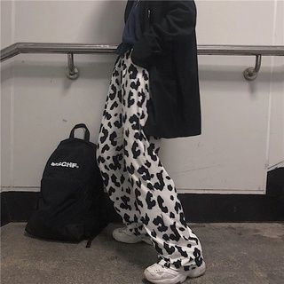 Unique baggy quần ống rộng in họa tiết bò unisex thời trang ulzzang