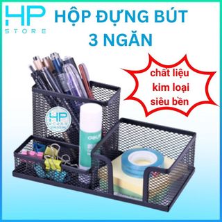 Hộp đựng bút để bàn, khay đựng bút 3 ngăn bằng kim loại cao cấp, chắc chắn, siêu bền giá sỉ