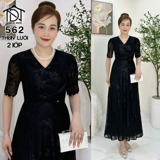 Đầm MAXI trung niên dự tiệc sang trọng vải kim tuyến nhũ kim sa tặng mẹ co giãn tốt bigsize 75kg M562
