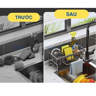 Giá Để Đồ Rửa Bát, Kệ Để Đồ Rửa Chén Có Khay Hứng Nghiêng Nước Có Móc Chất Liệu Thép Không Gỉ