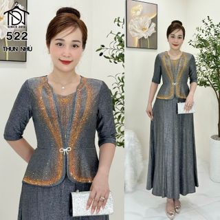 Đầm liền MAXI dạ hội trung niên chất nhũ kim sa co giãn cực tốt cho mẹ dự tiệc sang trọng bigsize 80KG M522
