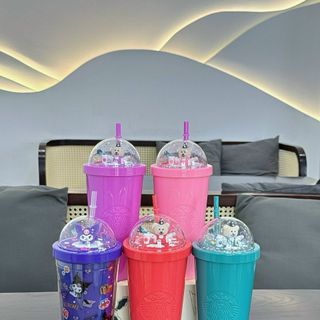 Ly Nhựa Có Nắp, Cốc Nhựa Có Nắp 710ml 2 Lớp In 3D Hình Kuromi + minier Kèm Ống Hút Kute