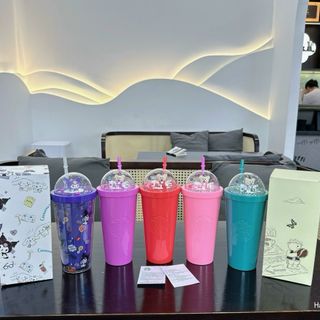Ly Nhựa Có Nắp, Cốc Nhựa Có Nắp 710ml 2 Lớp In 3D Hình Kuromi + minier Kèm Ống Hút Kute
