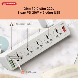 Ổ điện đa năng Drapow SK28 10 cổng 220v + sạc nhanh điện thoại