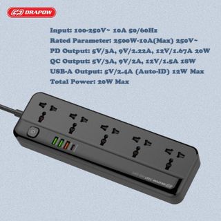 Ổ điện đa năng Drapow SK29 ,5 ổ cắm điện 220v + 3 usb A + 1 Type C sạc nhanh 20W
