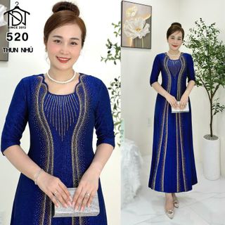 Đầm maxi trung niên dự tiệc sang trọng vải thun nhũ cấp đính đá, tặng mẹ co giãn tốt bigsize 80kg M520