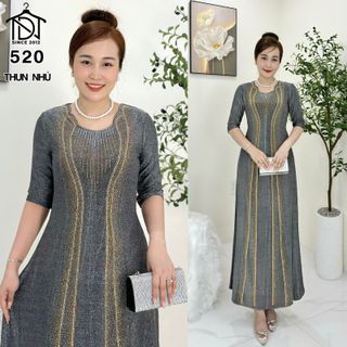 Đầm maxi trung niên dự tiệc sang trọng vải thun nhũ cấp đính đá, tặng mẹ co giãn tốt bigsize 80kg M520